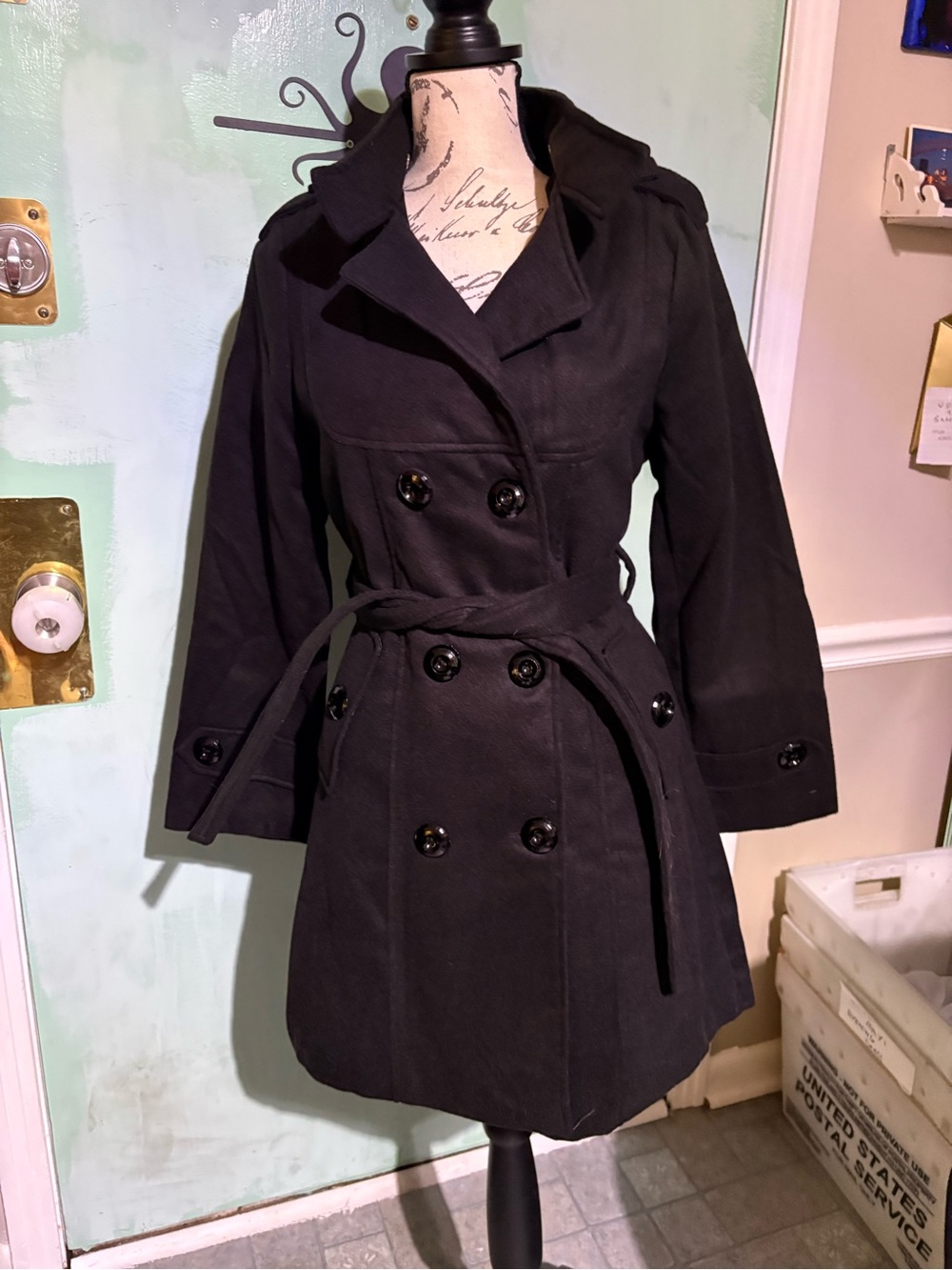 M Classic Black Double-Breasted Belted Trench Coat Jacket Woolen Peacoat